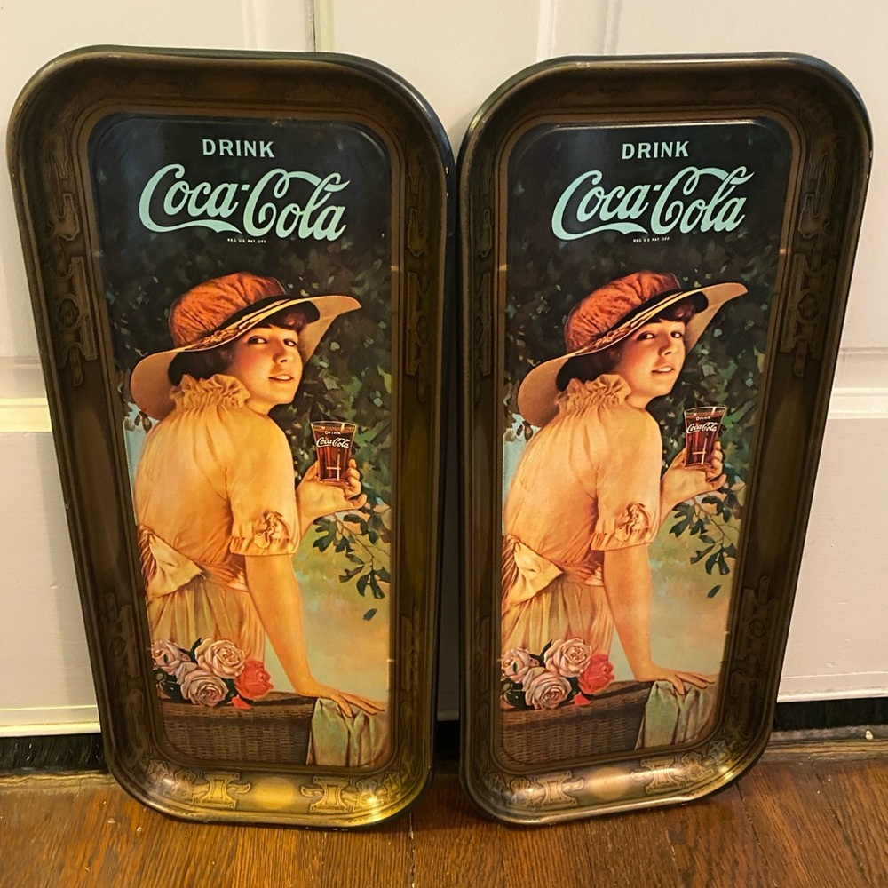 1972 Coca-Cola Vintage Metal Trays set of 2 Coke advertising "Elaine" floral